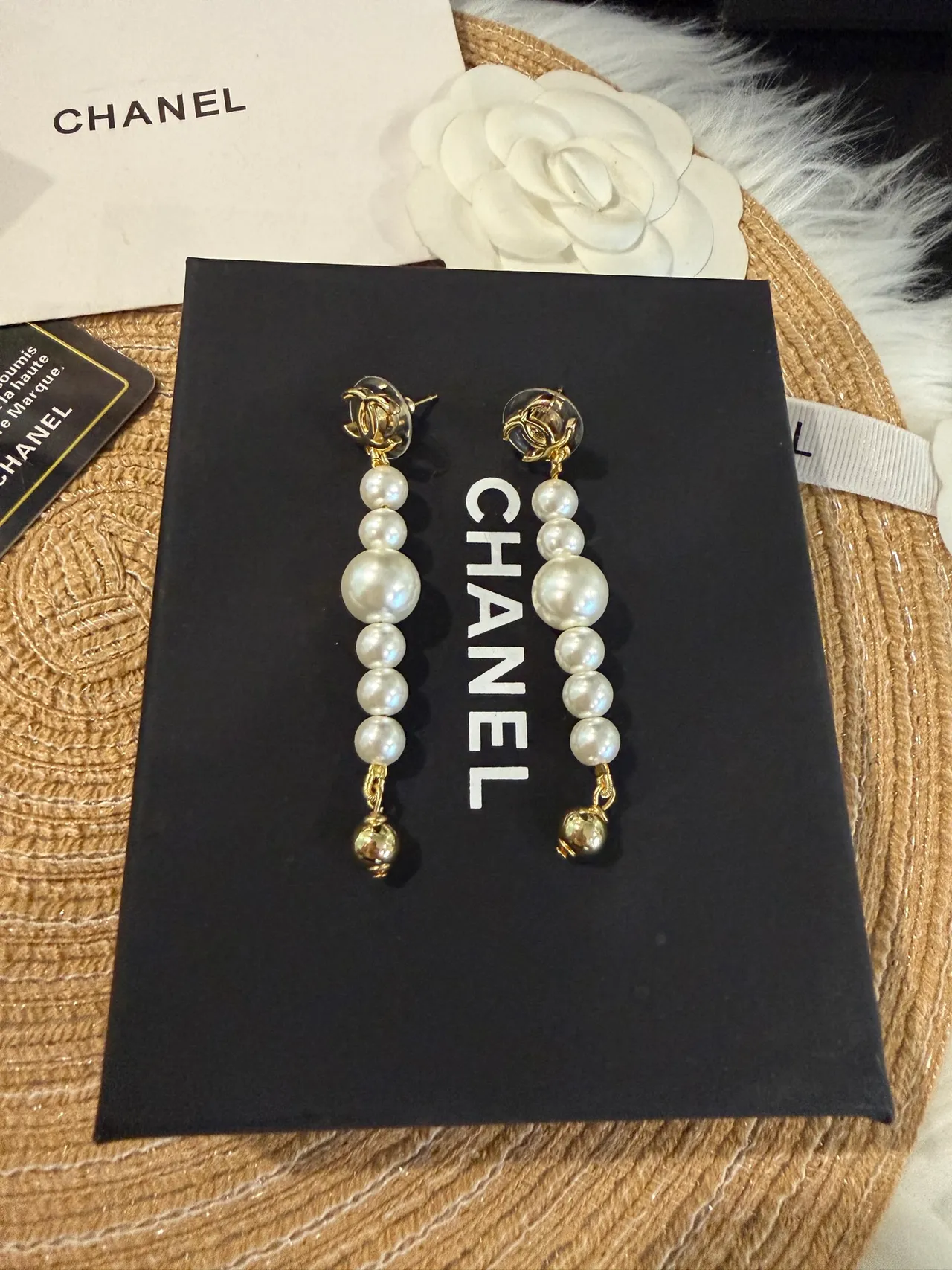 Chanel Pearl Drop Gold White CC Logo Graduated Earrings 9