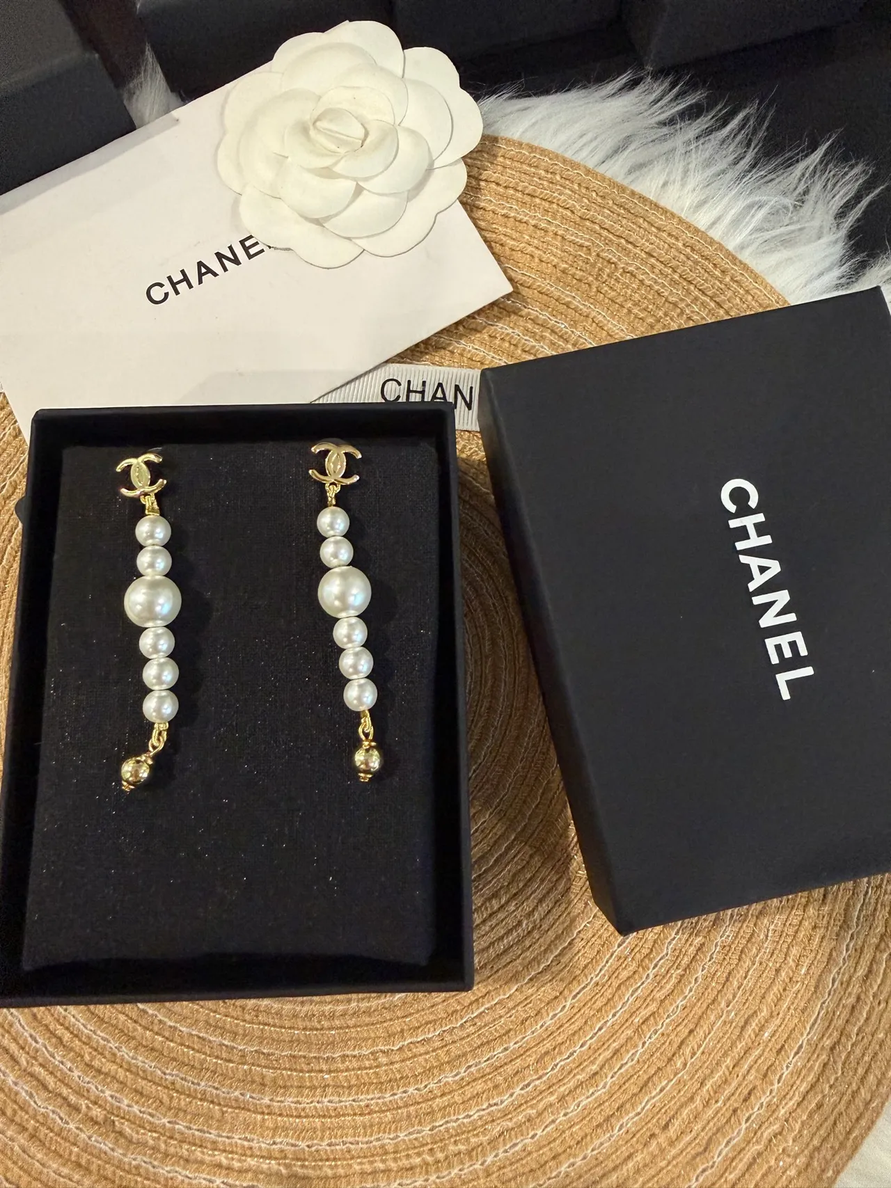 Chanel Pearl Drop Gold White CC Logo Graduated Earrings 10