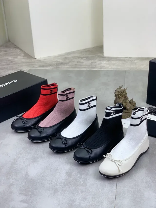 Chanel Red Black Knit Sock Upper Leather Toe Cap Ballet Flat 2
