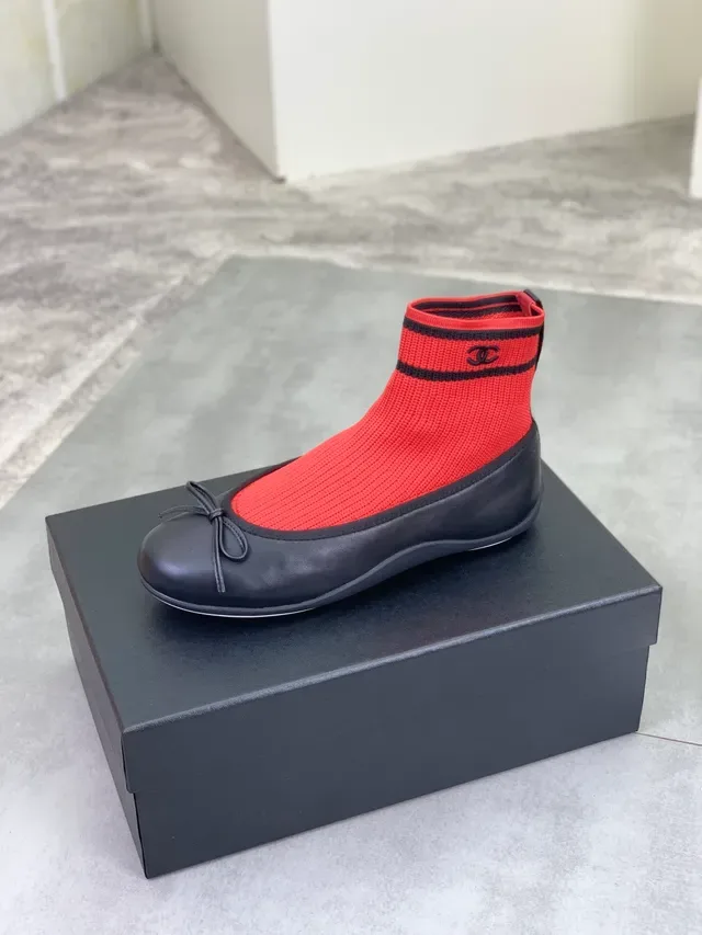 Chanel Red Black Knit Sock Upper Leather Toe Cap Ballet Flat 5
