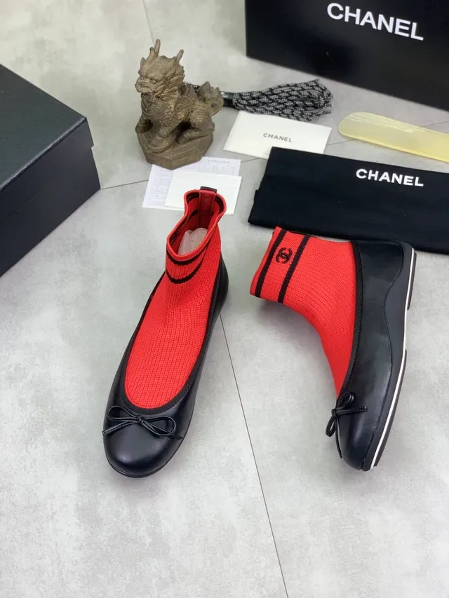 Chanel Red Black Knit Sock Upper Leather Toe Cap Ballet Flat 6
