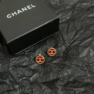 Chanel Red Gold Circular Stud Enamel Earrings