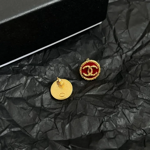Chanel Red Gold Circular Stud Enamel Earrings 2