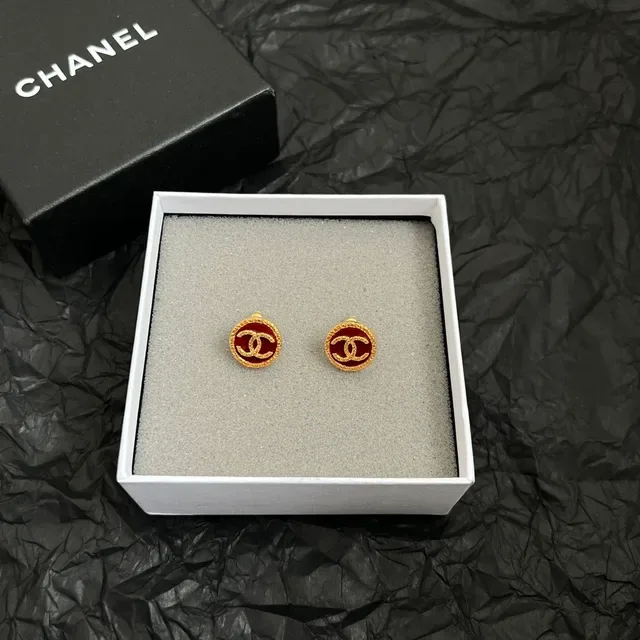 Chanel Red Gold Circular Stud Enamel Earrings 3