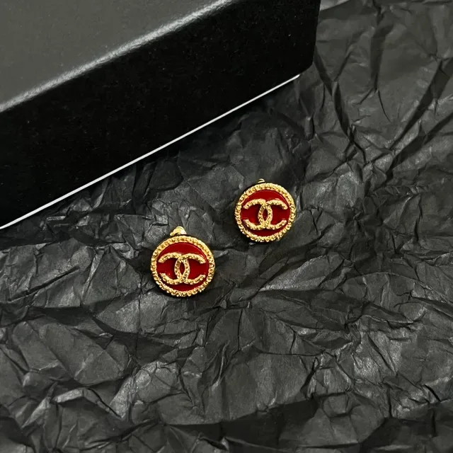 Chanel Red Gold Circular Stud Enamel Earrings 4