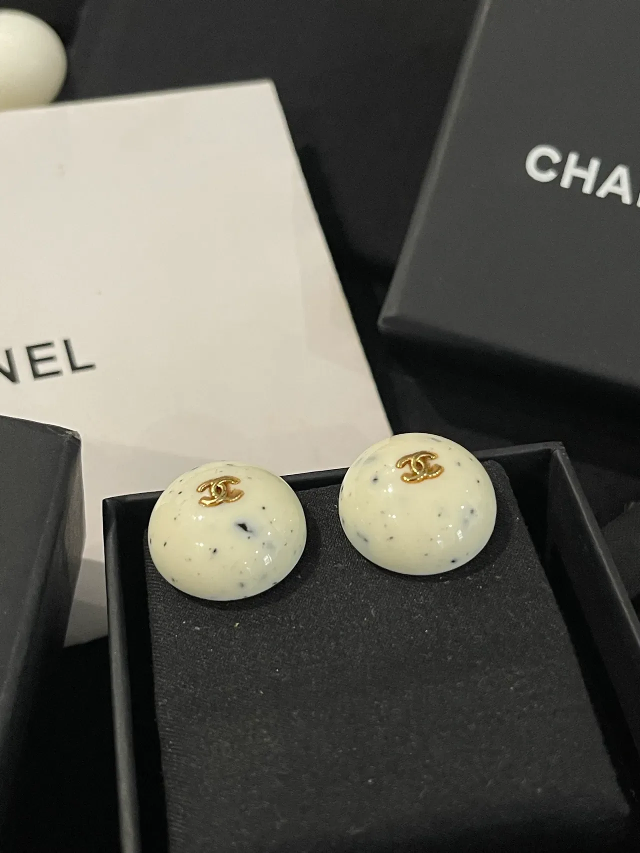 Chanel Round Speckled Resin Stud Earrings 2
