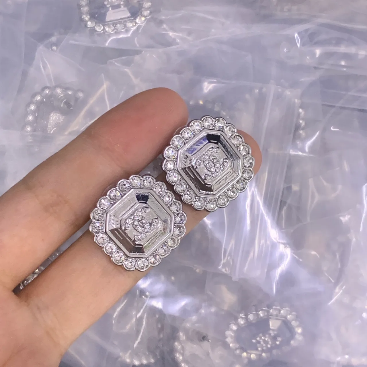 Chanel Silver Transparent Octagonal Crystal-Encrusted Earrings 1