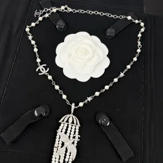Chanel Silver White Chain Cultured Pearl Strands Necklace