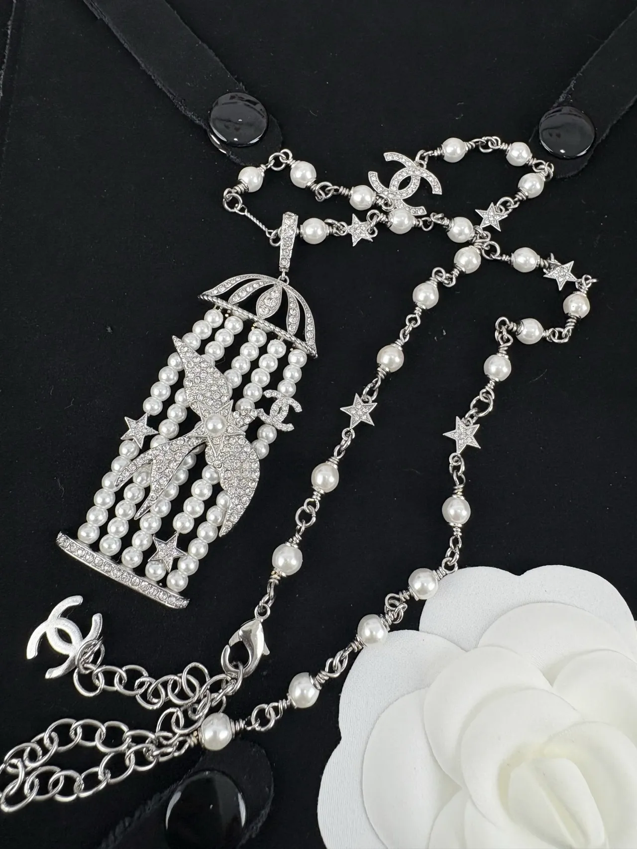 Chanel Silver White Chain Cultured Pearl Strands Necklace 5
