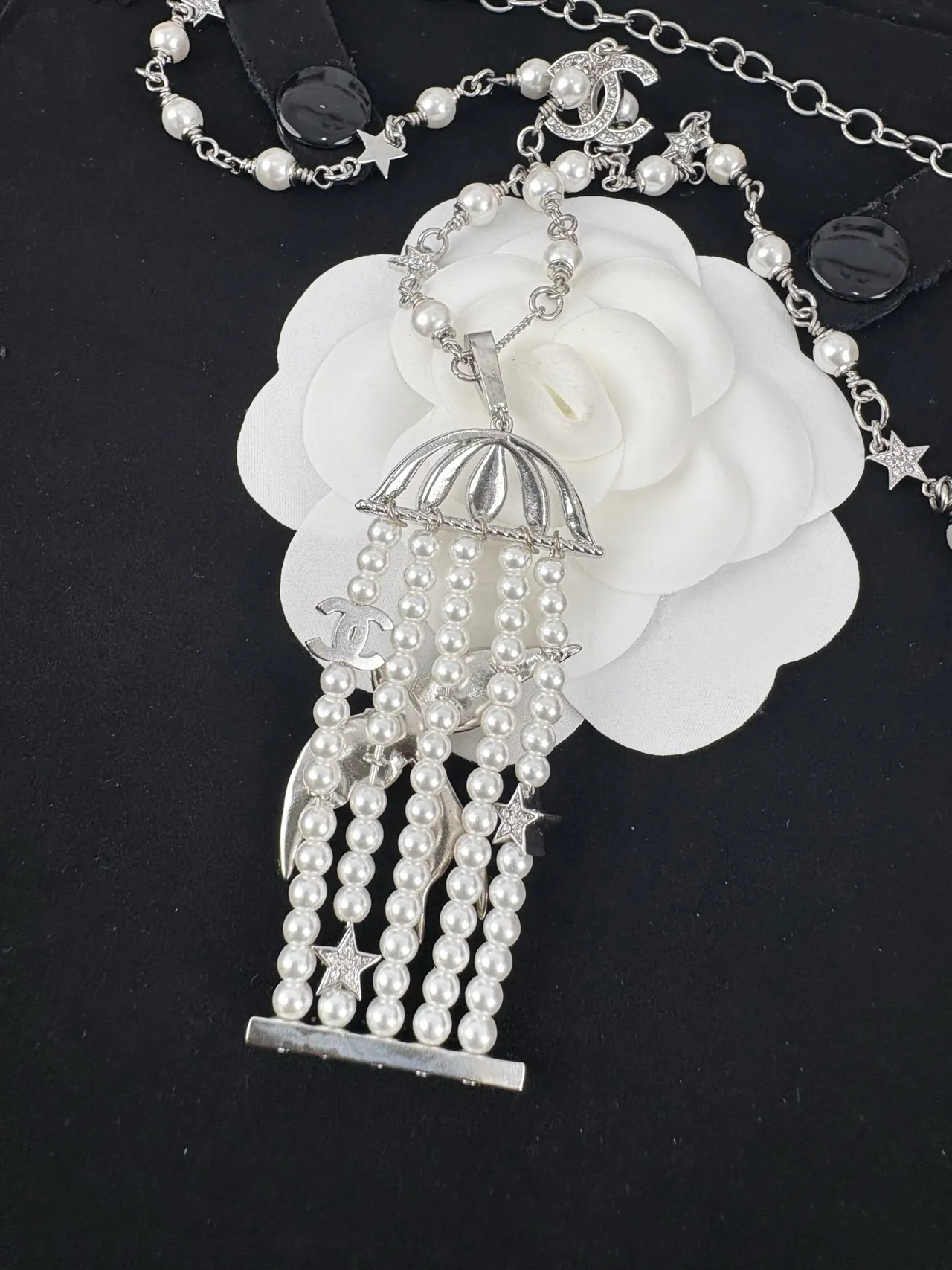 Chanel Silver White Chain Cultured Pearl Strands Necklace 6