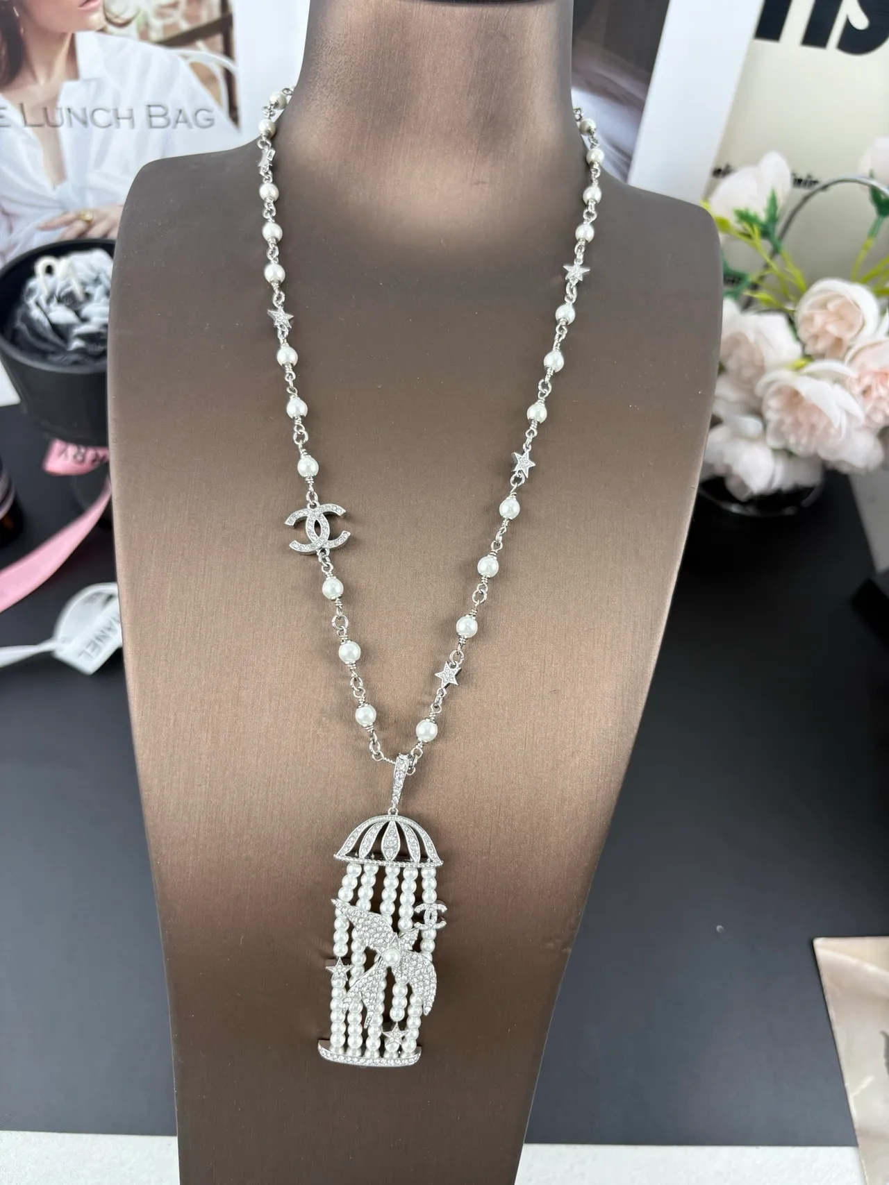 Chanel Silver White Chain Cultured Pearl Strands Necklace 10