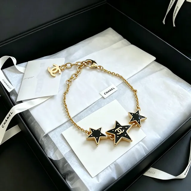 Chanel Star Gold Black Chain Enamel Stars Bracelet 6