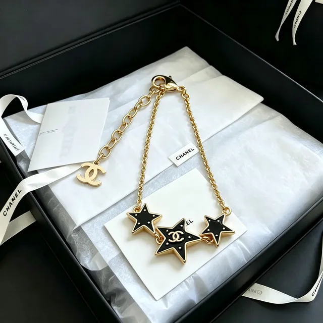 Chanel Star Gold Black Chain Enamel Stars Bracelet 7