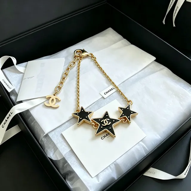 Chanel Star Gold Black Chain Enamel Stars Bracelet 8