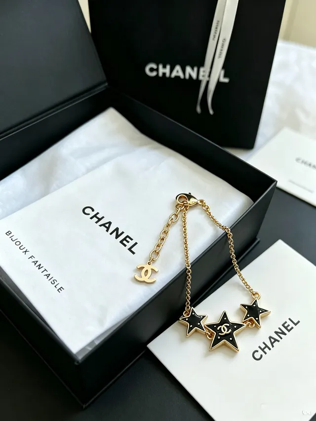Chanel Star Gold Black Chain Enamel Stars Bracelet 9