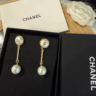 Chanel White Gold Double-Pearl Drop Chain Link Earrings