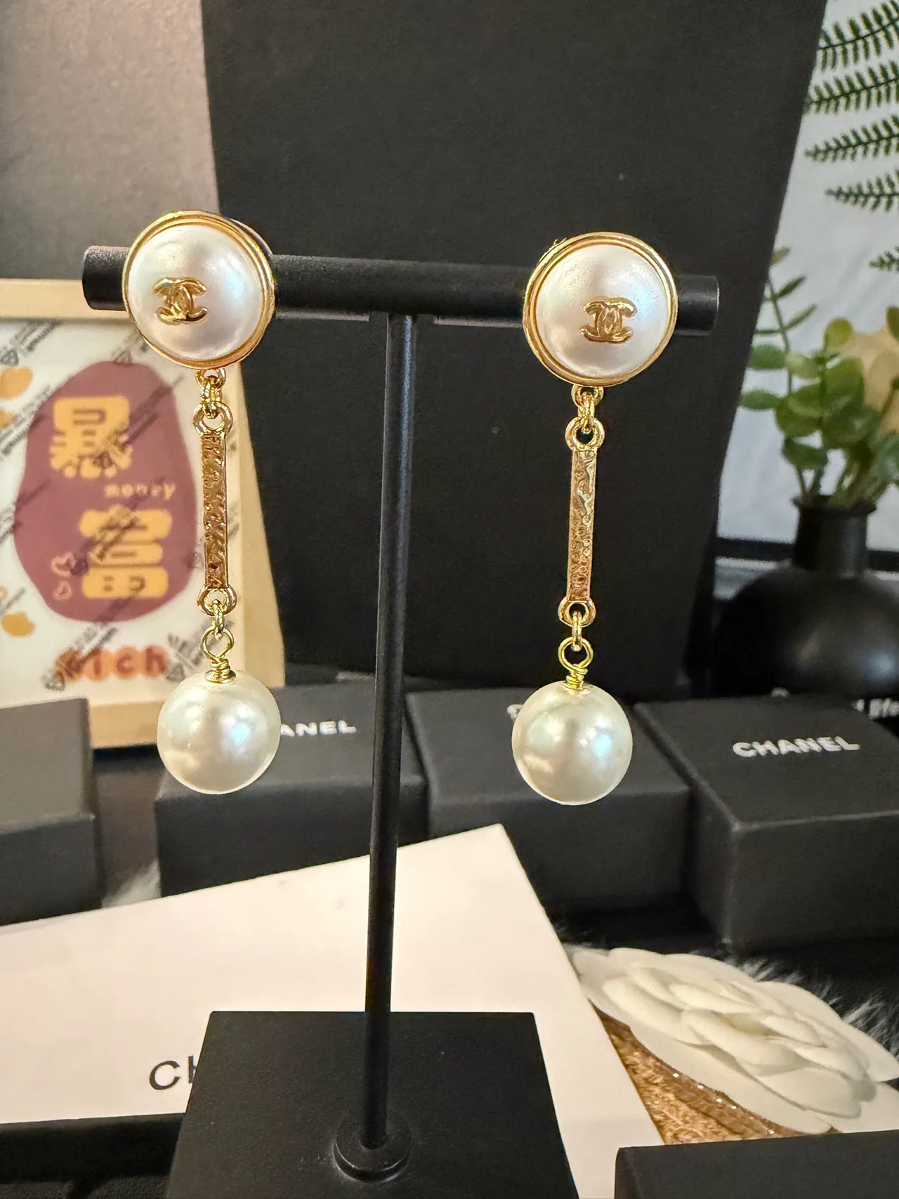 Chanel White Gold Double-Pearl Drop Chain Link Earrings 5