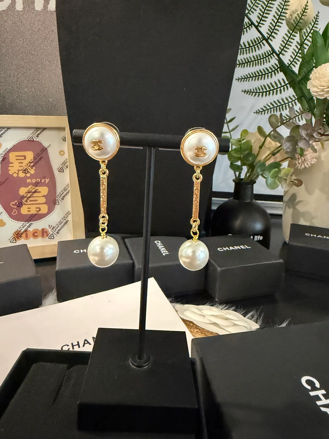 Chanel White Gold Double-Pearl Drop Chain Link Earrings 8
