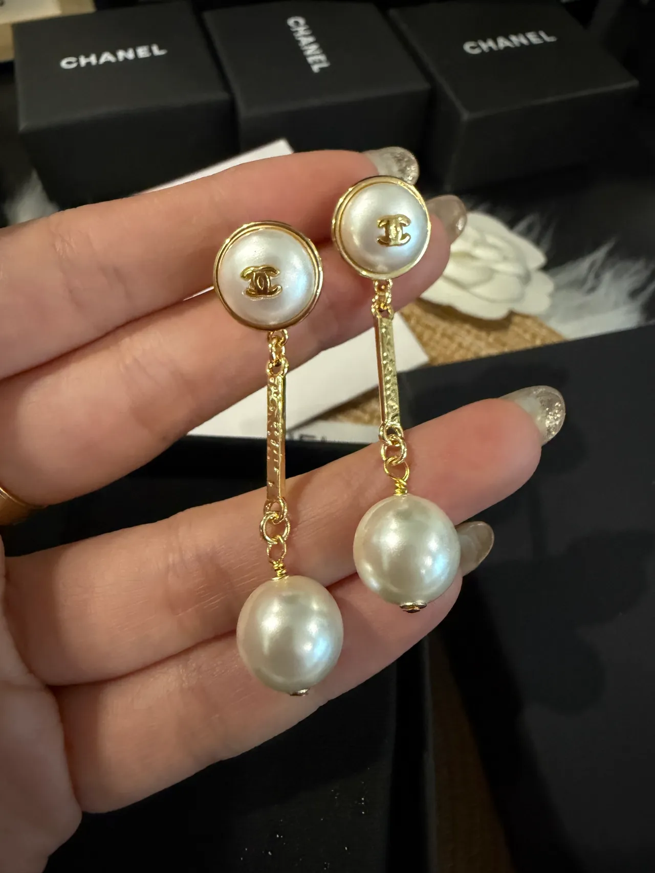Chanel White Gold Double-Pearl Drop Chain Link Earrings 9