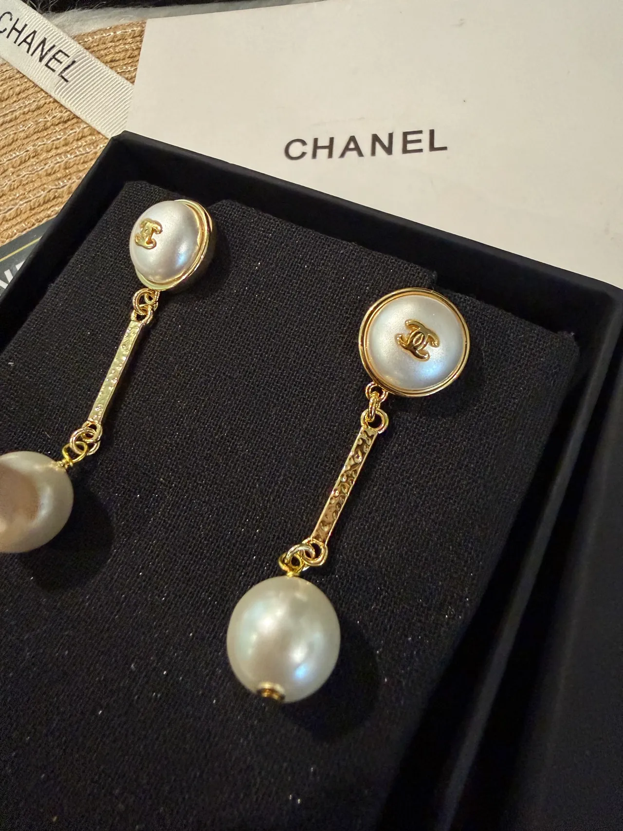 Chanel White Gold Double-Pearl Drop Chain Link Earrings 10