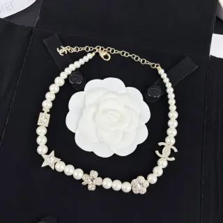 Chanel White Gold Pearl Strand Camellia Motif Necklace