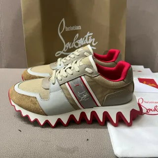 Christian Louboutin Beige Red Multi-Material Upper Zigzag Midsole Chunky Sneakers