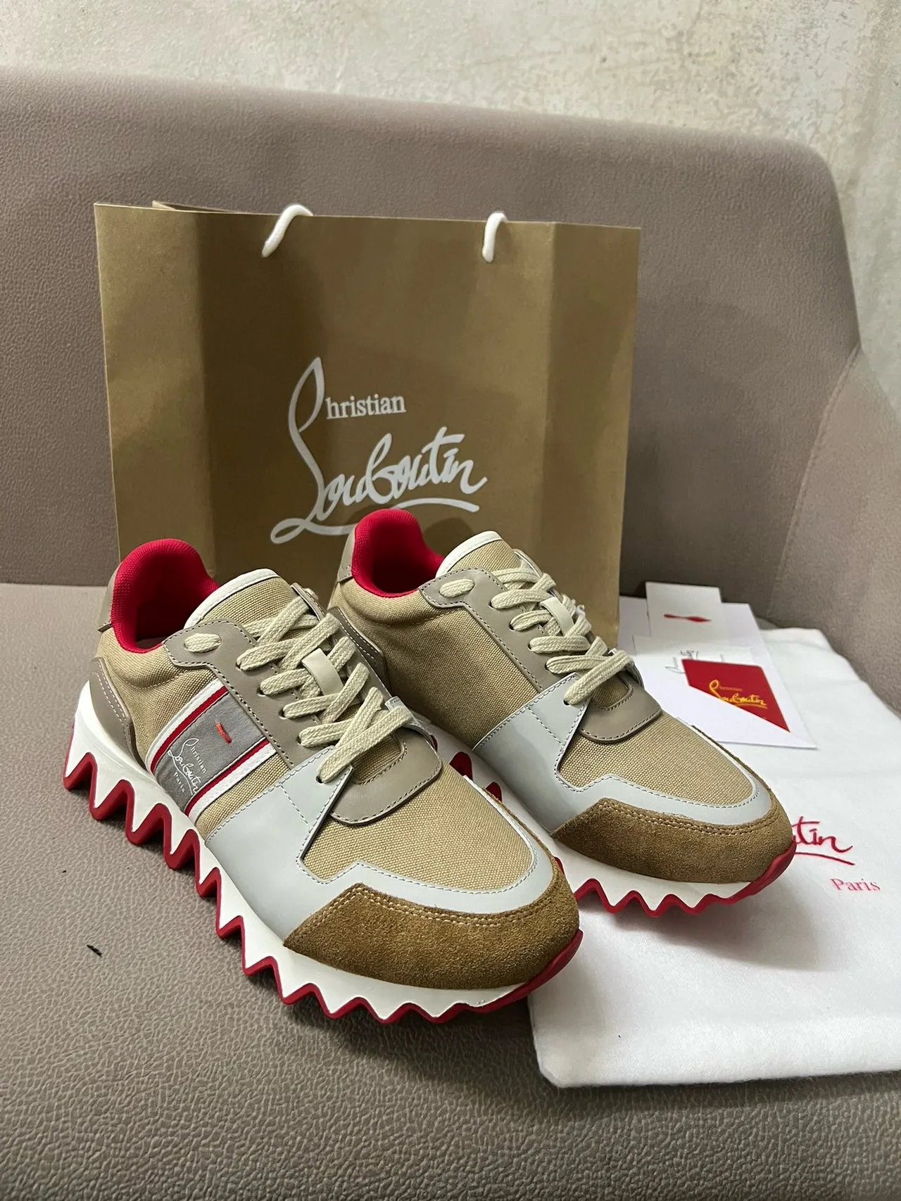 Christian Louboutin Beige Rouge Multi-matériau Haut Zigzag Semelle Intermédiaire Sneakers Chunky 5