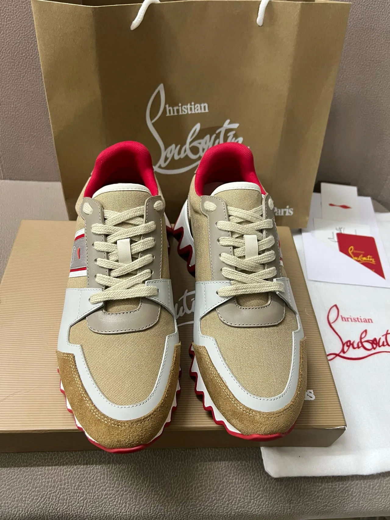 Christian Louboutin Beige Rouge Multi-matériau Haut Zigzag Semelle Intermédiaire Sneakers Chunky 6
