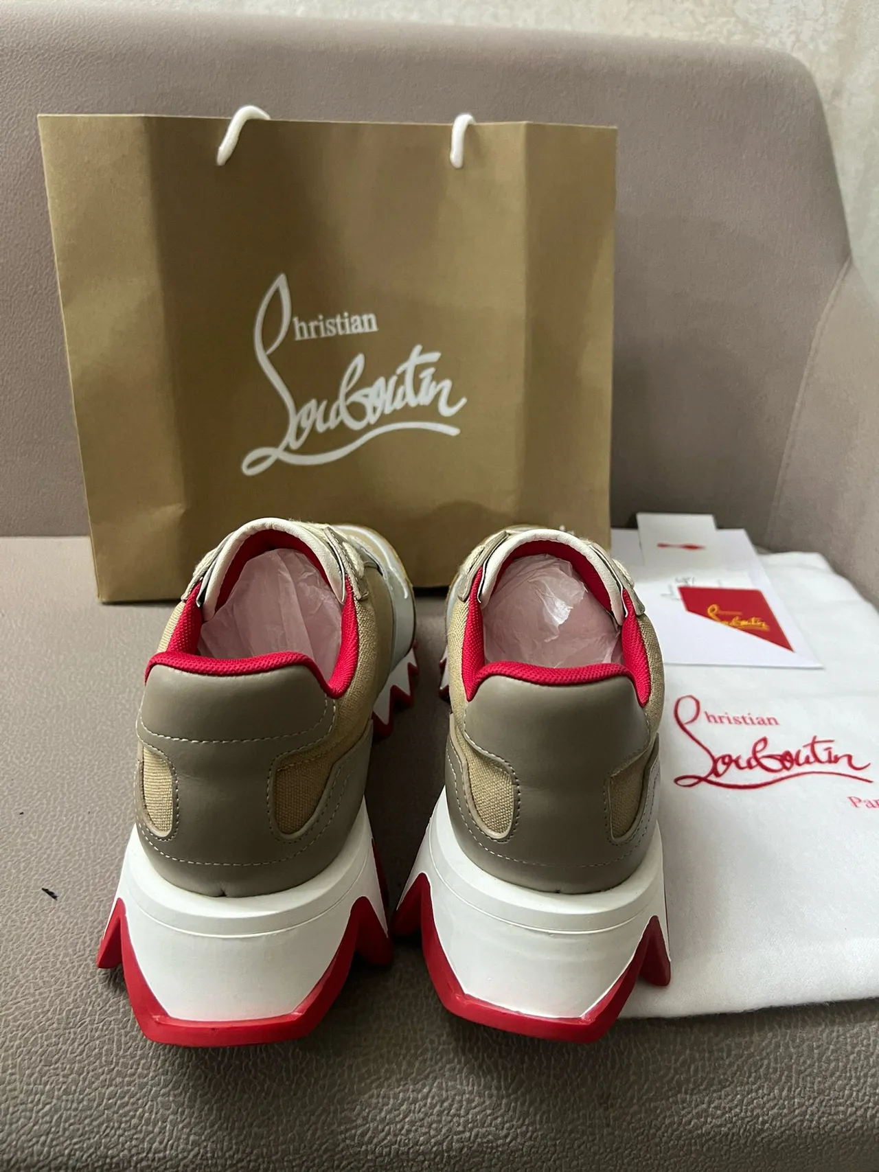 Christian Louboutin Beige Rouge Multi-matériau Haut Zigzag Semelle Intermédiaire Sneakers Chunky 7