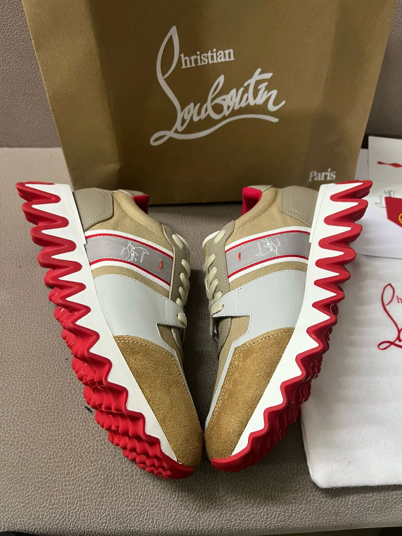 Christian Louboutin Beige Rouge Multi-matériau Haut Zigzag Semelle Intermédiaire Sneakers Chunky 8