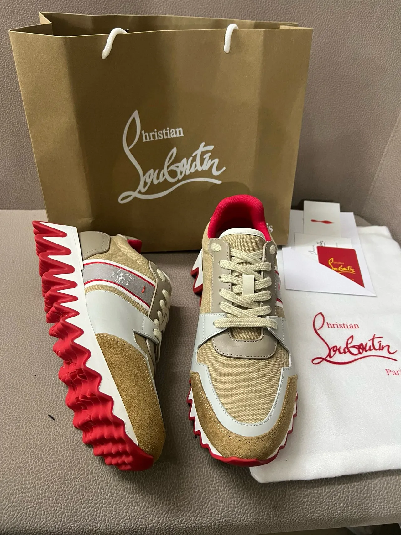Christian Louboutin Beige Rouge Multi-matériau Haut Zigzag Semelle Intermédiaire Sneakers Chunky 9