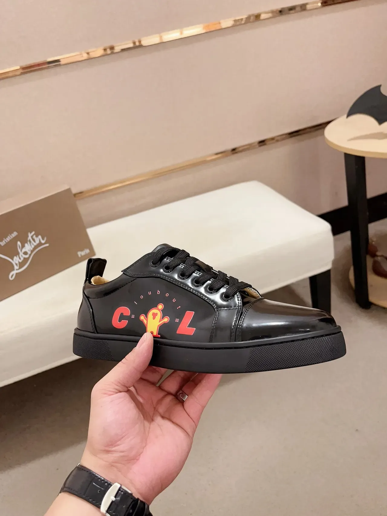 Christian Louboutin Black Orange Glossy Patent Leather Cap-Toe Construction Sneakers 4