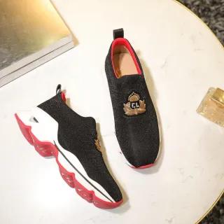 Christian Louboutin Black Red Slip-On Knit Upper Embroidered Crest Chunky Sneakers