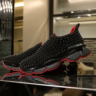 Christian Louboutin Black Red Studded Knit Upper Slip-On Construction Chunky Sneakers