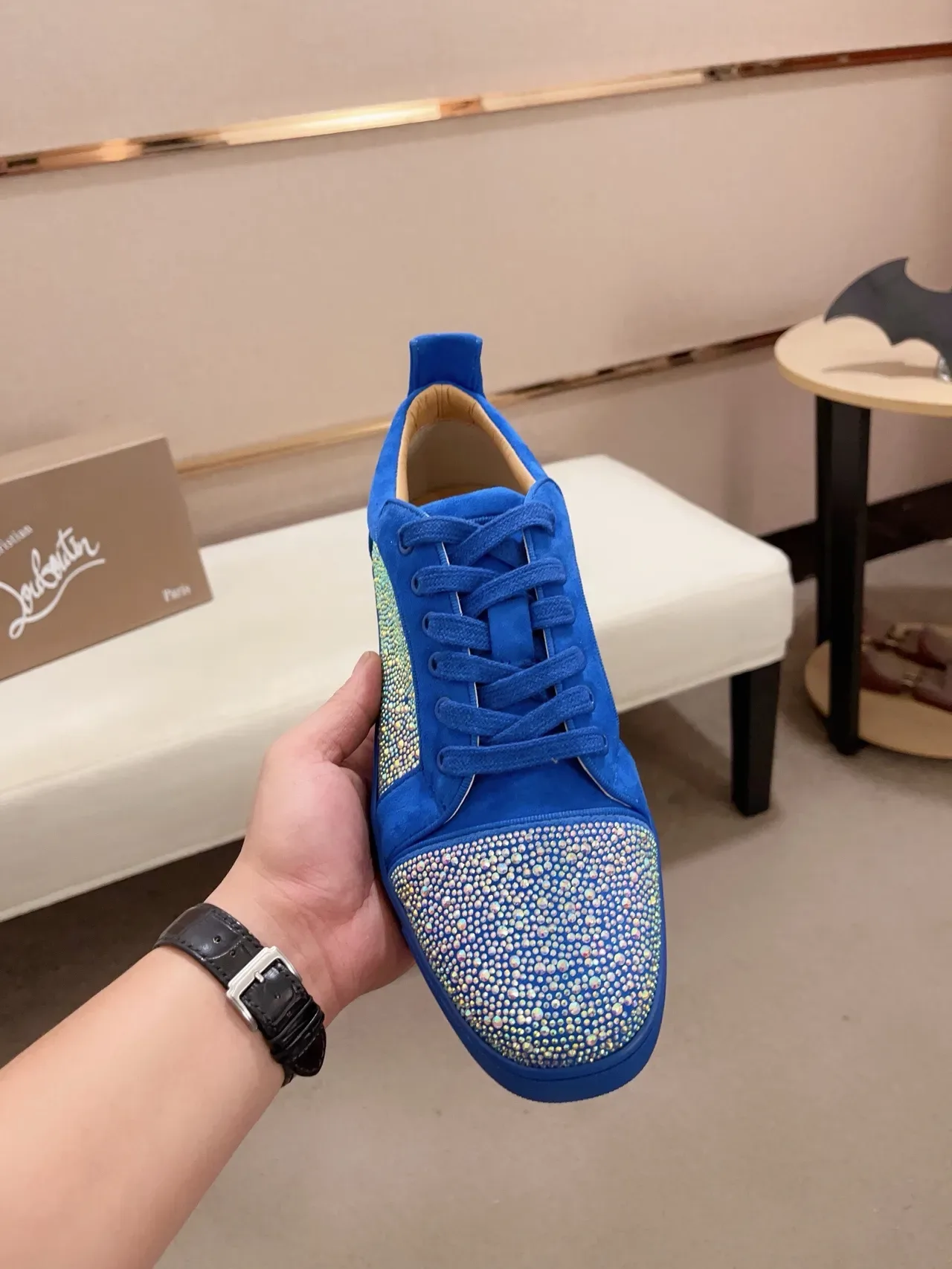 Christian Louboutin Blue Multicolor Crystal-Embellished Suede Upper Lifestyle Sneakers 5