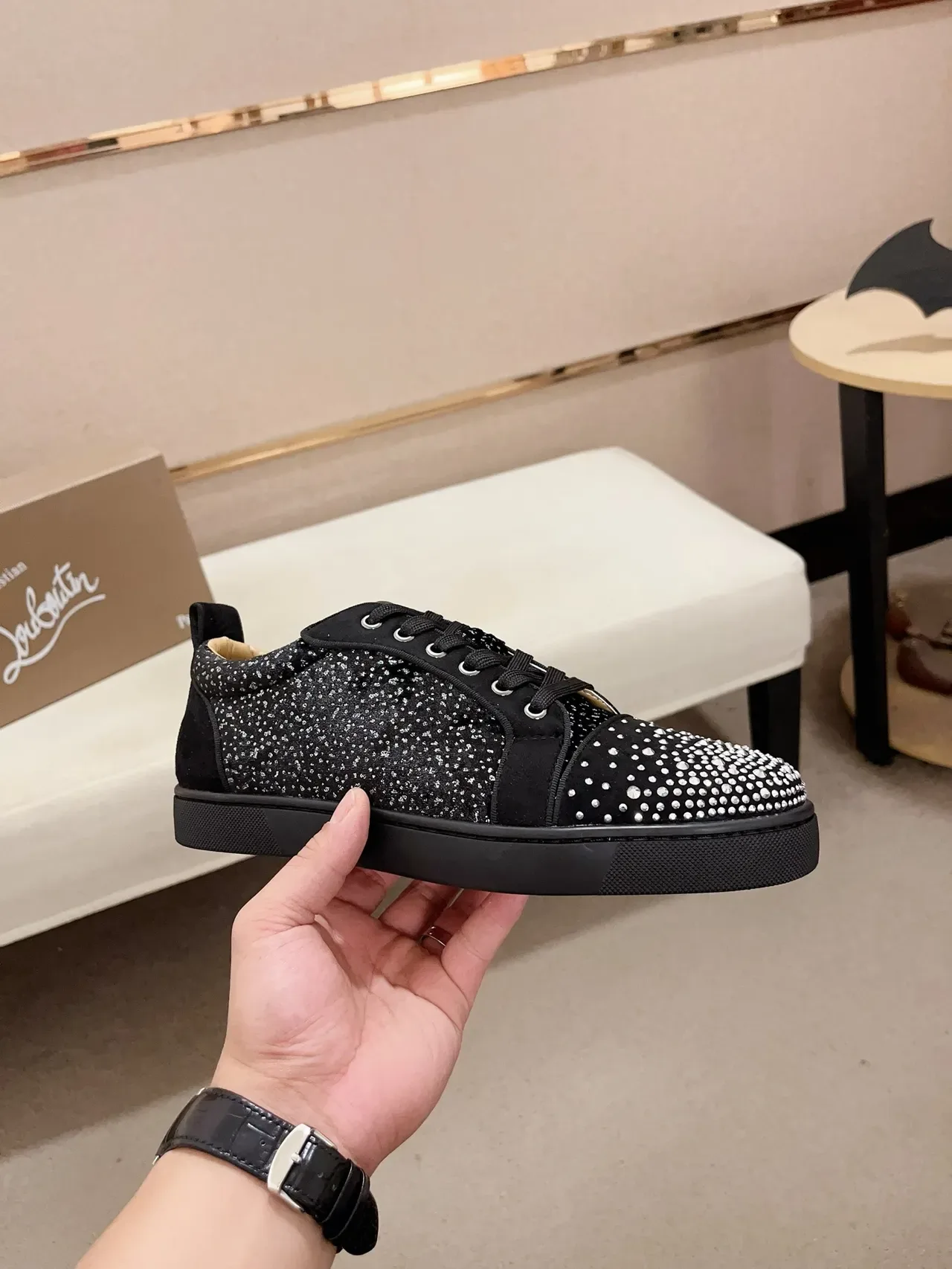 Christian Louboutin Crystal-Embellished Black Suede Low-Top Sneakers 4