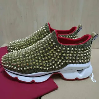 Christian Louboutin Gold Red Studded Glitter Chunky Sneakers