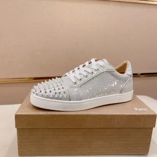 Christian Louboutin Silver White Glitter Upper Spiked Toe Cap Lifestyle Sneakers