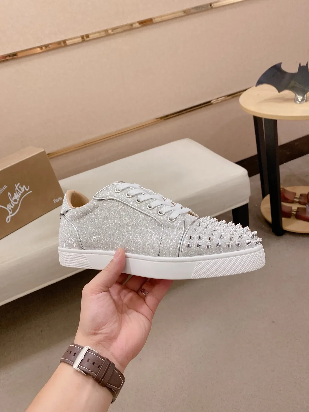 Christian Louboutin Silver White Glitter Upper Spiked Toe Cap Lifestyle Sneakers 4
