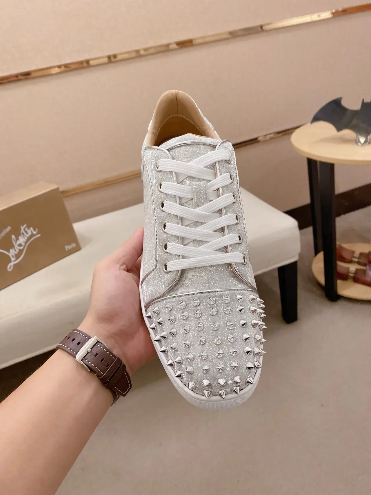 Christian Louboutin Silver White Glitter Upper Spiked Toe Cap Lifestyle Sneakers 5