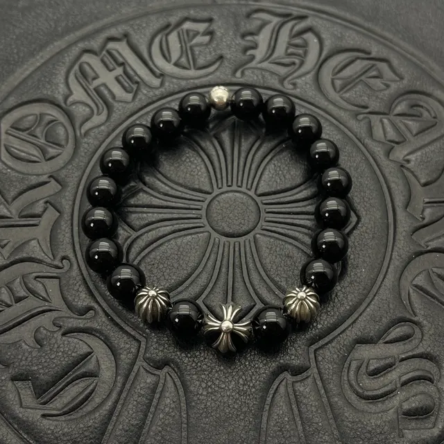 Chrome Hearts Pulseira de Contas Preto Dourado Olho de Tigre e Pedra 9