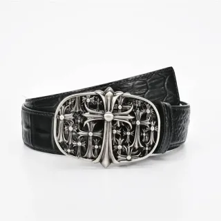 Chrome Hearts Black Silver Crocodile-Embossed Ornate Metal Buckle Leather Belt