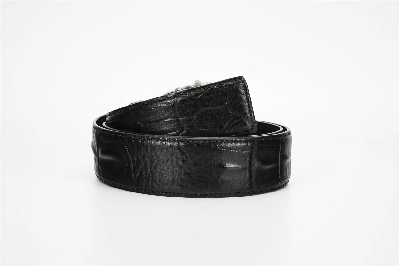Chrome Hearts Black Silver Crocodile-Embossed Ornate Metal Buckle Leather Belt 4