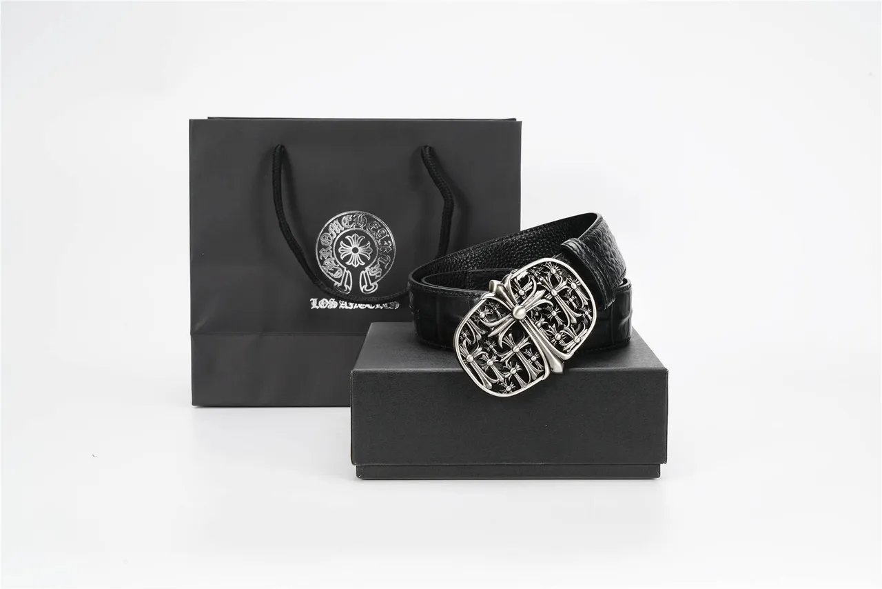 Chrome Hearts Black Silver Crocodile-Embossed Ornate Metal Buckle Leather Belt 5