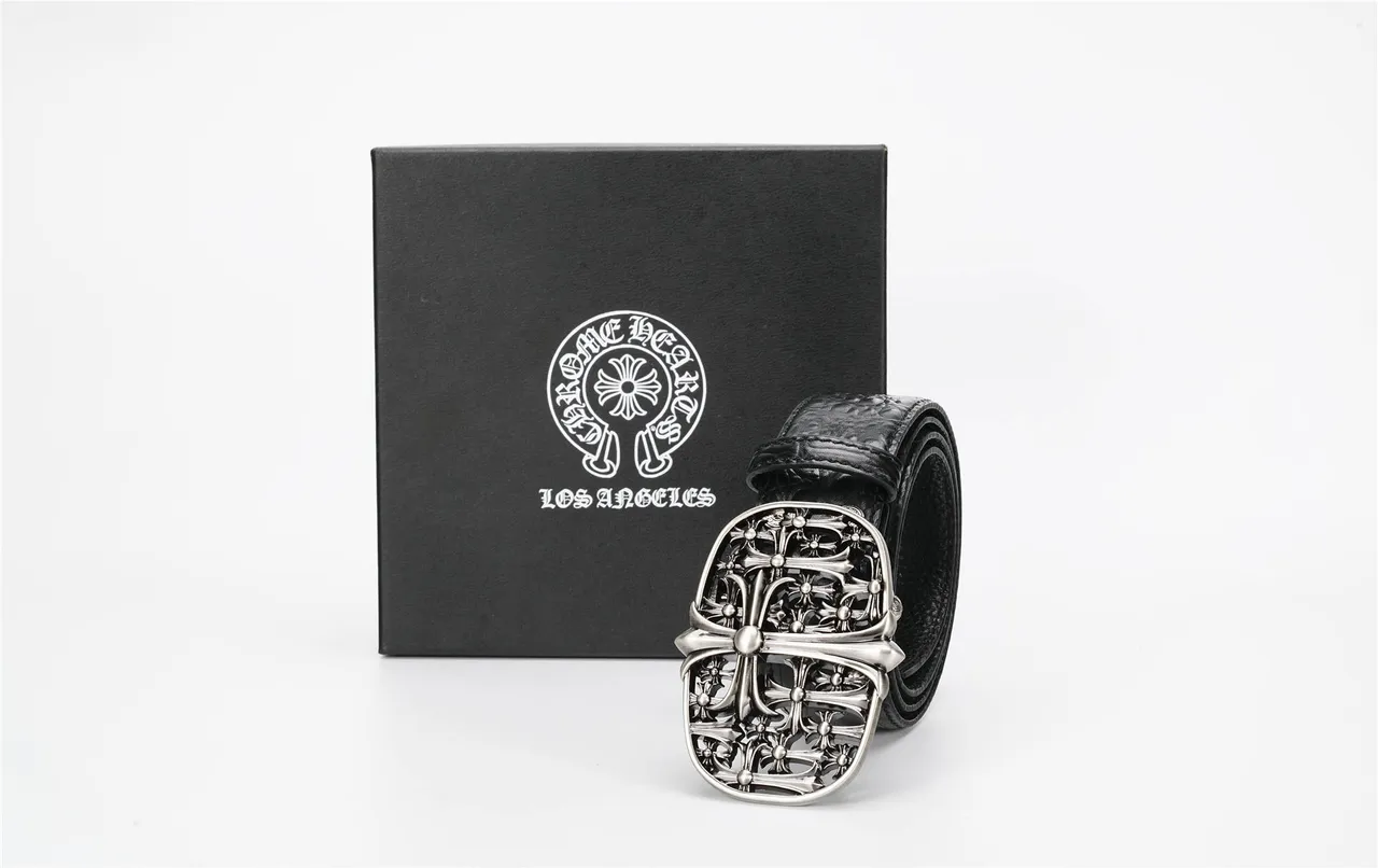 Chrome Hearts Black Silver Crocodile-Embossed Ornate Metal Buckle Leather Belt 6