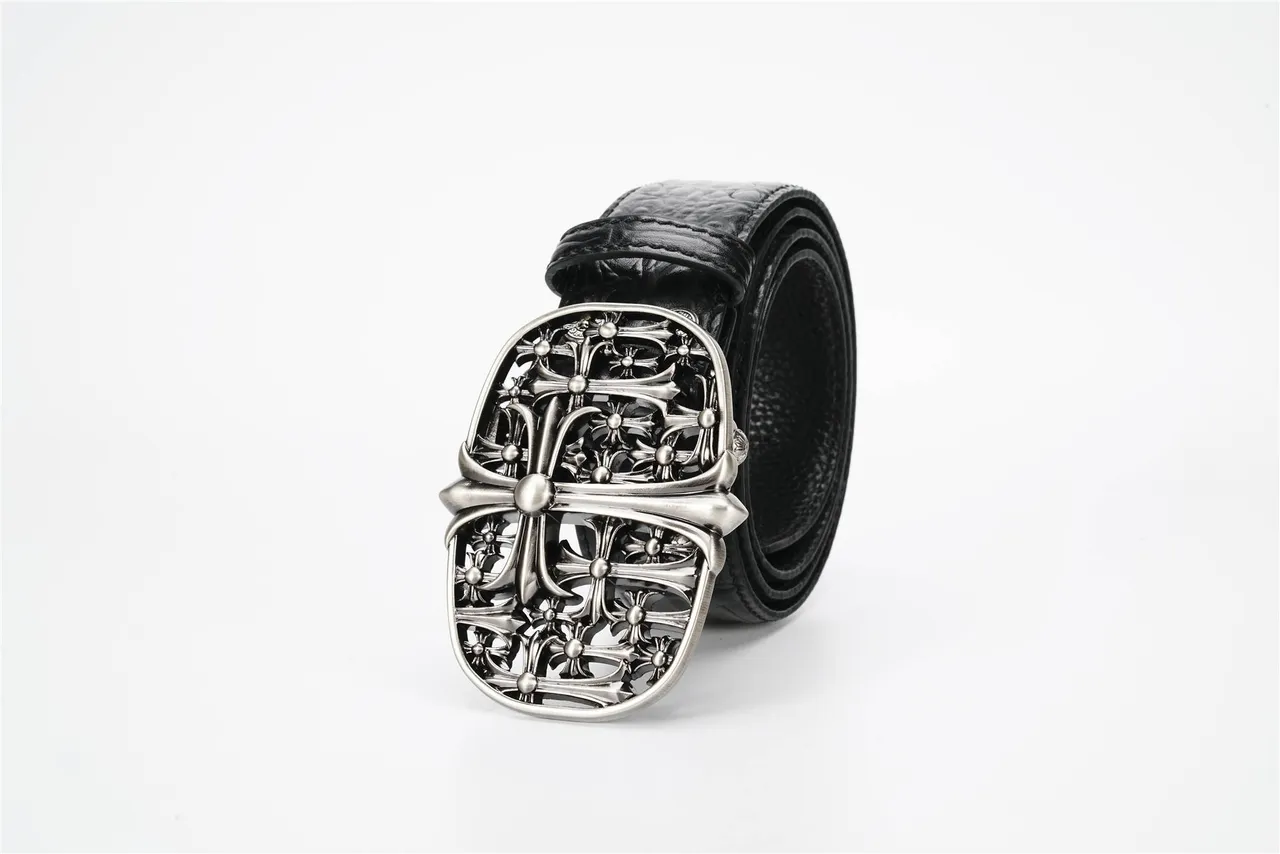 Chrome Hearts Black Silver Crocodile-Embossed Ornate Metal Buckle Leather Belt 7