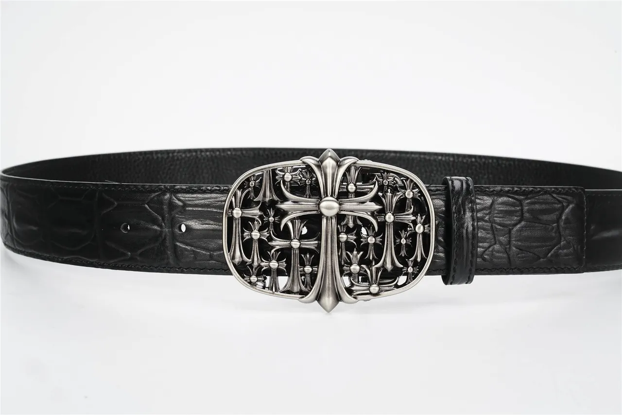 Chrome Hearts Black Silver Crocodile-Embossed Ornate Metal Buckle Leather Belt 8