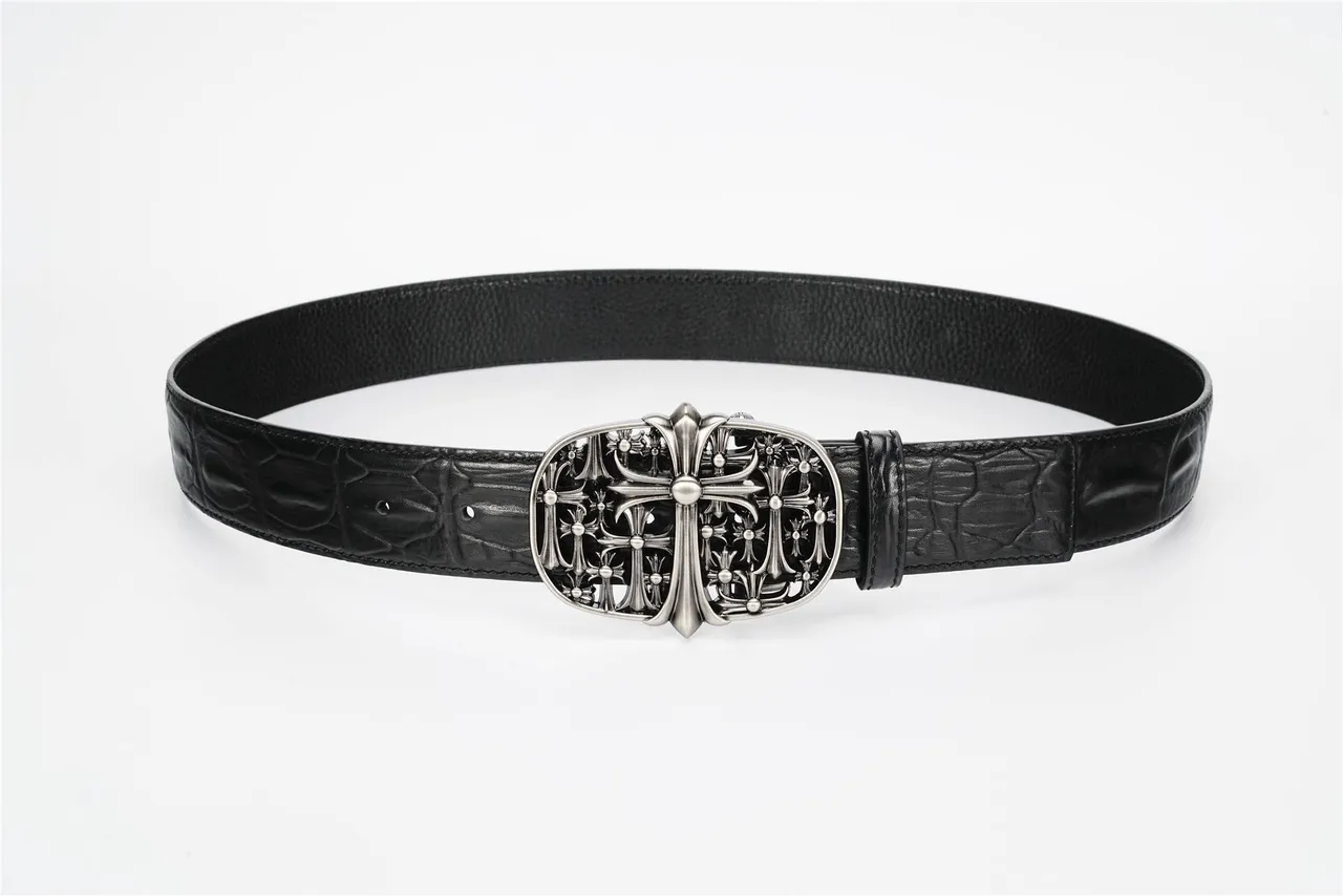 Chrome Hearts Black Silver Crocodile-Embossed Ornate Metal Buckle Leather Belt 9