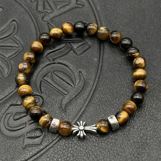 Chrome Hearts Cross Bead Bracelet Brown Silver Tiger's Eye Stone Beads Charm Bracelet