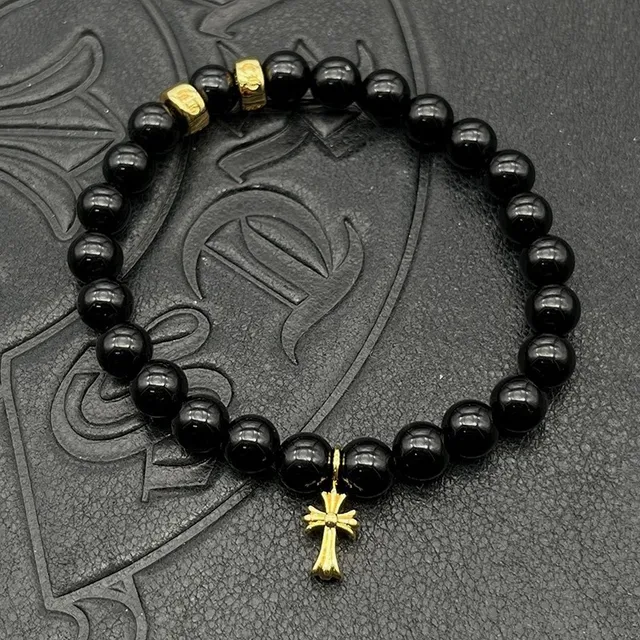 Chrome Hearts Pulseira de contas cruz marrom prata olho de tigre contas de pedra pulseira de encanto 6